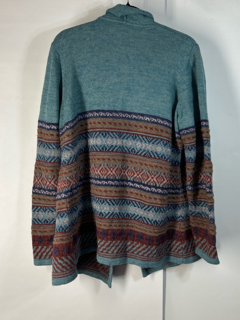 Orvis Teal Open-Front Fair Isle Knit Cardigan with Rust and Brown Accents - Picture 4 of 4